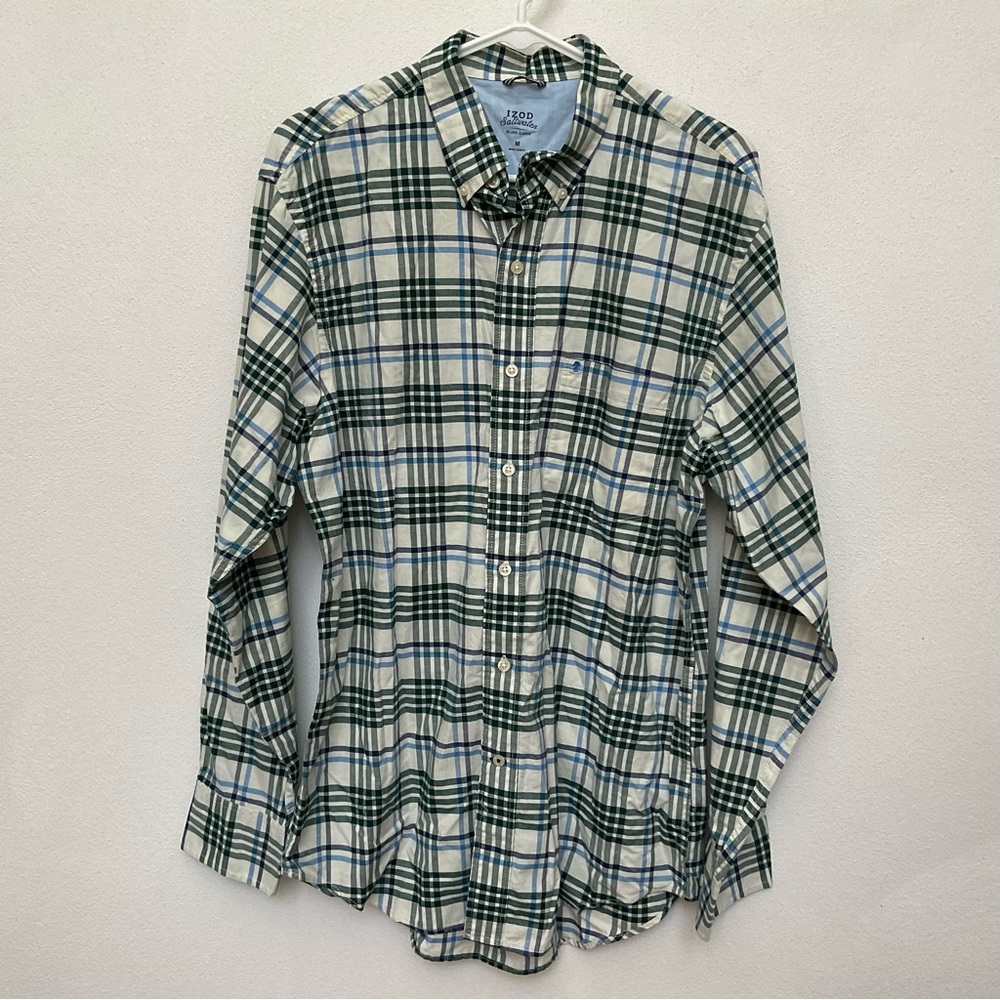Izod Saltwater Blue, Green, White Plaid Long Sleeve Button Down Shirt Size Med